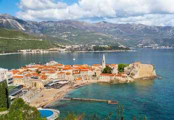 Aerial view of Budva Old Town and beach, Montenegro