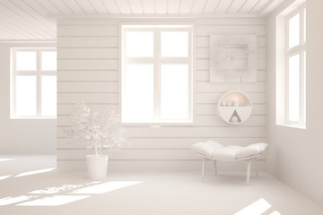 Mock up of stylish room in white color with armchair. Scandinavian interior design. 3D illustration