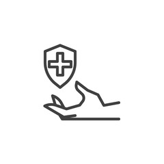 Medical insurance line icon. Health protection linear style sign for mobile concept and web design. Hand and Medical Shield outline vector icon. Symbol, logo illustration. Vector graphics