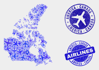 Aviation vector Canada v2 map mosaic and grunge seals. Abstract Canada v2 map is done of blue flat scattered aviation symbols and map locations. Transport plan in blue colors, and rounded seals.