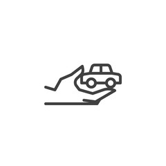 Car insurance line icon. Transport Protection linear style sign for mobile concept and web design. Hand with automobile outline vector icon. Symbol, logo illustration. Vector graphics