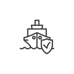 Ship insurance line icon. linear style sign for mobile concept and web design. Ship boat with protection shield outline vector icon. Symbol, logo illustration. Vector graphics