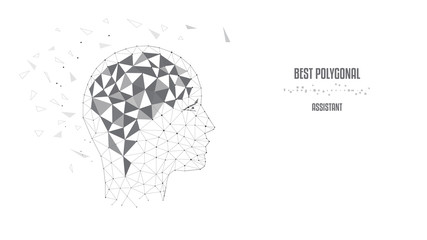 Concept of thinking human, visualization of process of thinking. Silhouette of polygonal head and brain. Polygonal illustration of triangles and points. Black and white. Low poly.
