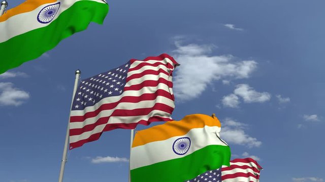Row of waving flags of India and the USA, loopable 3D animation
