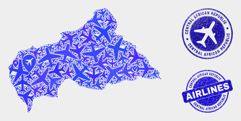 Aviation vector Central African Republic map mosaic and grunge watermarks. Abstract Central African Republic map is constructed from blue flat scattered airplane symbols and map locations.