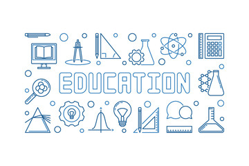 Education vector blue concept horizontal linear banner or illustration on white background