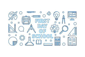First Day of School concept horizontal banner in thin line style. Vector illustration