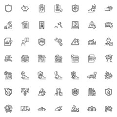 Insurance line icons set. linear style symbols collection, outline signs pack. vector graphics. Set includes icons as Security protection shield, travel and crash insurance, Money savings, Home flood