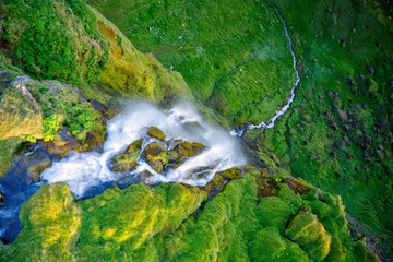 Dramatic top view of waterfall peak, Iceland