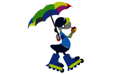 illustration vector cartoon character in a cap with ice cream in his hands and with a colorful umbrella listening to music from a cell phone with headphones and roller skating