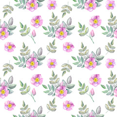 Seamless hand drawn pattern with tender floral elements. Elegant endless texture with watercolor dog rose flowers