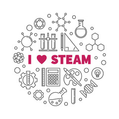 I Love STEAM - Science, Technology, Engineering, the Arts and Mathematics vector creative concept round linear illustration