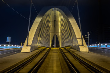 Symmetrical bridge at night