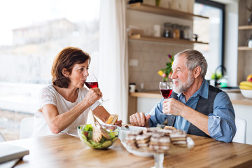 Senior couple with wine having lunch indoors at home, talking.