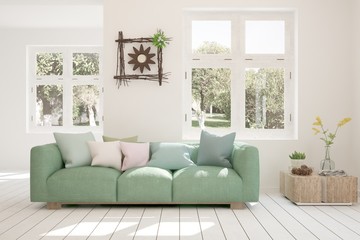 Stylish room in white color with sofa. Scandinavian interior design. 3D illustration