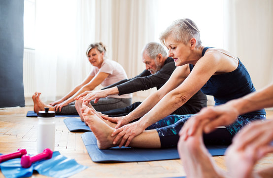 Group Of Senior People Doing Exercise In Community Center Club.