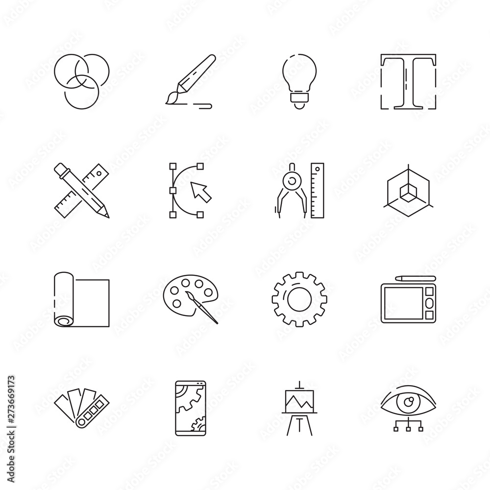 Poster graphic tools icons. web design programming poligrafia creative art items vector thin line illustrat