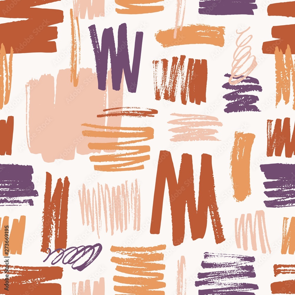 Poster Artistic seamless pattern with rough paint traces and scribble on white background. Abstract backdrop with brushstrokes. Vector illustration in contemporary art style for wrapping paper, fabric print.