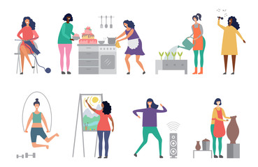 Naklejka premium Female hobbies vector. Artist, singer, potter woman characters vector illustrations. Craft hobby, painter and sculptor, woman cook cake