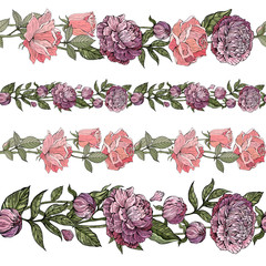 Horizontal border with flowers: pink roses and peonies on white isolated background. Production of cards, banners, invitations. Vegetative ornament. Decor.