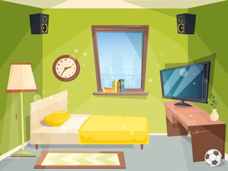 Teen room. Small bedroom for kids student apartment inside of house modern interior vector cartoon. Illustration of interior bedroom teenager, apartment workspace student