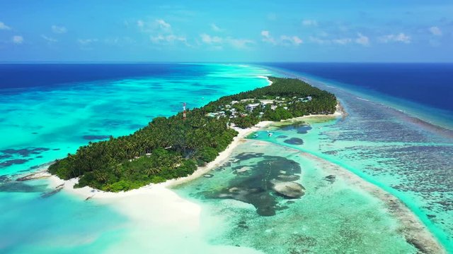 aerial drone shot over the desert island with Arecaceae forest surrounded by crystal clear tropical sea with coral reefs ,Caribbean Sea