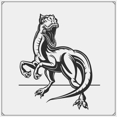 Raptor dinosaur mascot. Raptor emblem for sport-club. Print design for t-shirt. - obrazy, fototapety, plakaty