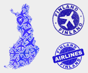 Airlines vector Finland map mosaic and grunge seals. Abstract Finland map is organized from blue flat randomized airplane symbols and map pointers. Tourism scheme in blue colors,