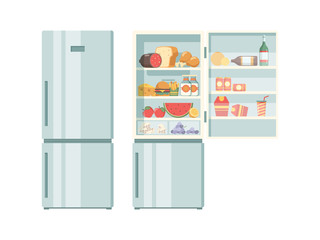 Open refrigerator. Healthy food in frozy refrigerator vegetables meat juce cakes steak supermarket products vector pictures. Illustration of refrigerator with bottle beverage and food