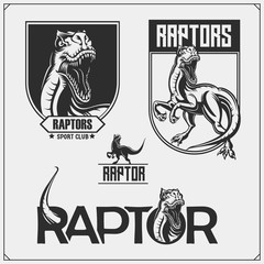 Fototapeta Raptor dinosaur mascot. Raptor emblems and logos for sport-club. Print design for t-shirt. obraz