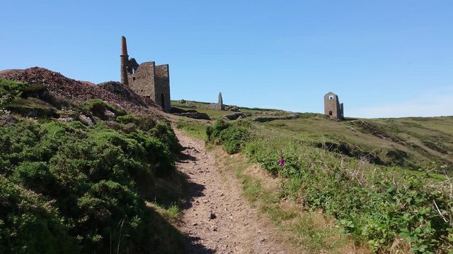 The Poldark famous tin and copper mine location known as wheal leisure. The real name is wheal owles, a world heritage site in the cornish countryside close to beautiful cliffs. Handheld 4k footage