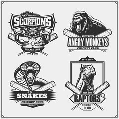Fototapeta premium Set of cricket badges, labels and design elements. Sport club emblems with gorilla, cobra, raptor dinosaur and scorpion. Print design for t-shirts.