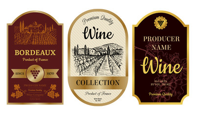 Vintage wine labels. Alcohol badges with pictures of vineyard chateau village bordeaux labels vector collection. Illustration of badge banner and emblem, wine drink sticker