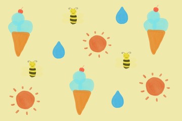 set of summer with sun waterdrop bees and ice cream