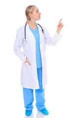 Doctor woman or nurse isolated over white background. Cheerful smiling medical staff representative. Medicine concept