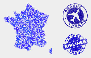 Air plane vector France map collage and grunge stamps. Abstract France map is done of blue flat randomized air plane symbols and map pointers. Transport plan in blue colors, and rounded seals.