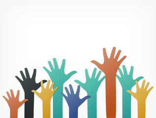 Fototapeta premium Colorful up hands. Raised hands volunteering. team work concept. paper art and craft style.
