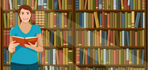 A smiling young European woman stands with a book in her hands, behind her a bookshelf. Library background. Book shelving. Education concept. Vector illustration.