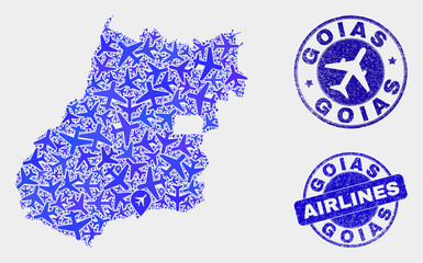 Aviation vector Goias State map collage and grunge seals. Abstract Goias State map is created from blue flat scattered airline symbols and map pointers. Flight scheme in blue colors,
