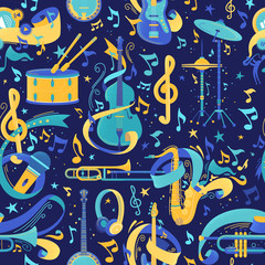 Musical instruments flat vector seamless pattern