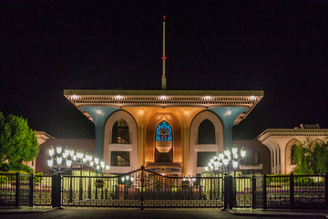 Night view of Al Alam palace (ceremonial palace of Sultan Qaboos) in Muscat, Oman