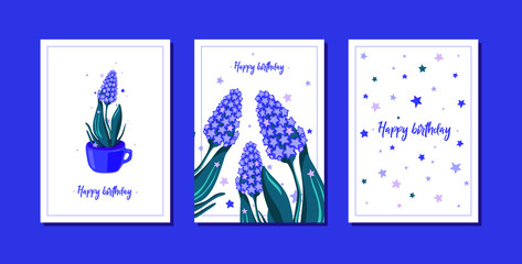 Set of card with magical houseplants and stars. Happy birthday postcard concept. poster, invite. Vector illustration