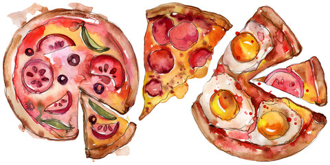 Fast food itallian pizza tasty food. Watercolor background illustration set. Isolated fast food illustration element.