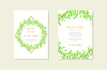 Set of card with leaves and gold and flowers. Wedding ornament concept. Green floral retro poster, invite. Vector decorative greeting card or invitation design background