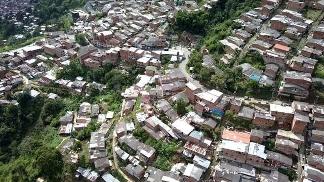 Aerial over poor community in the mountains of medellin