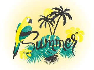 Summer watercolor tropical vector illustration with parrot and palm trees.	