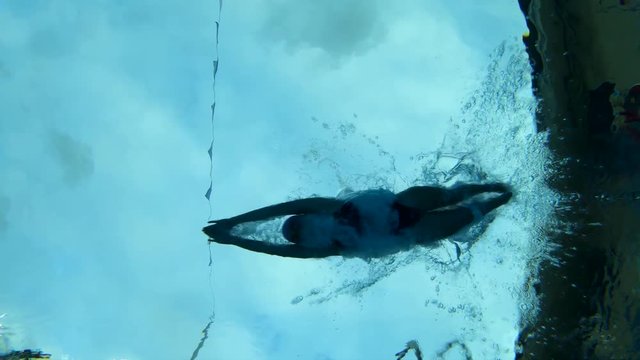 Underwater Slow Motion shot of a swimmer diving into a swimming pool.