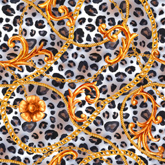 Golden baroque chain glamour leopard seamless pattern. Watercolor hand drawn fashion gold and animal texture