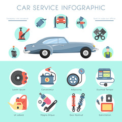 Autogarage Service Infografik Reparaturstation Banner Mechaniker Fahrzeug Auto Vektor-Illustration. Werkstatt für mechanische Inspektion von Transporttechnikern.