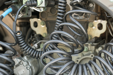 Hydraulic hoses, tube connections, wires on a truck
